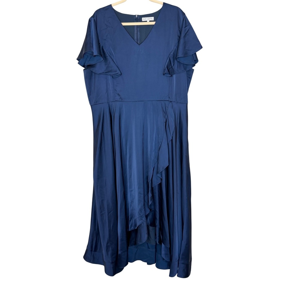 Ivy City Co Navy Blue Flutter Sleeve High Low‎ Ruffle Dress Plus Size 2X